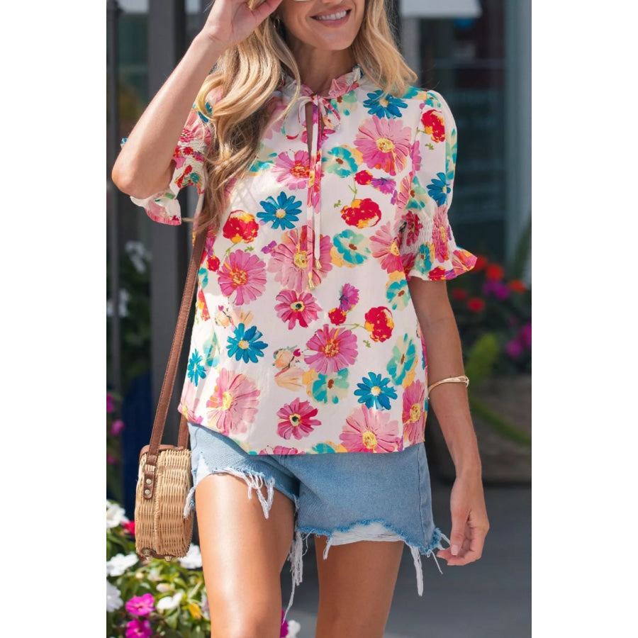 Floral Print Ruched Short Sleeve Blouse Apparel and Accessories
