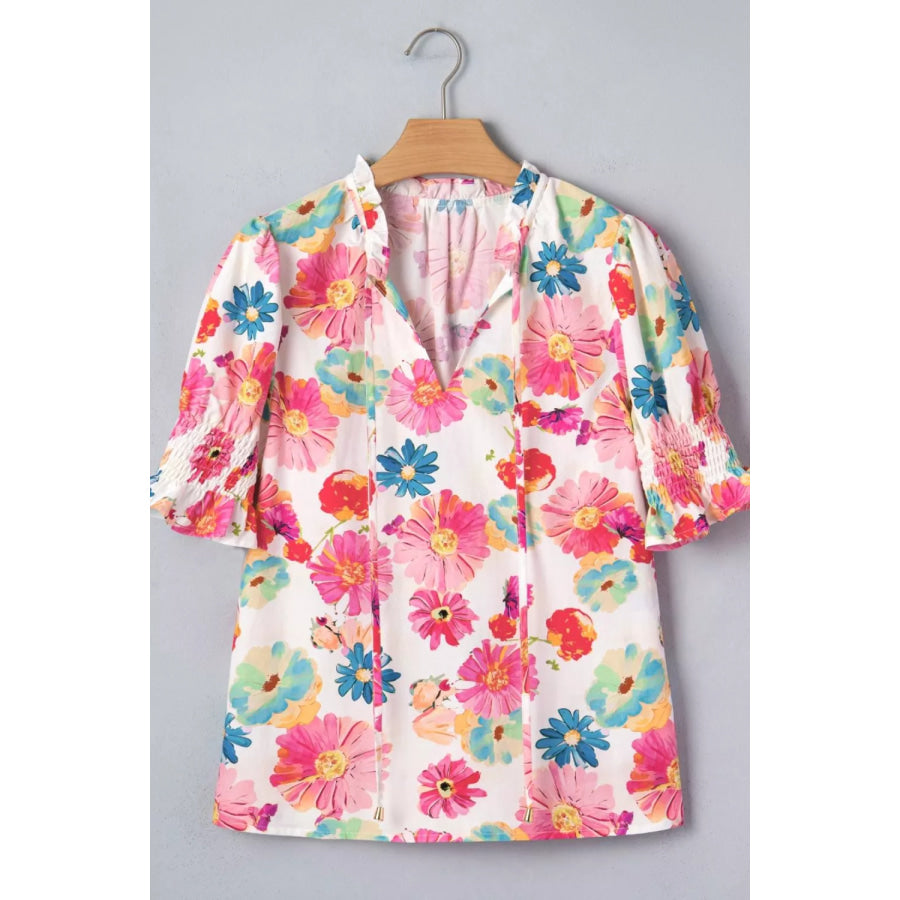 Floral Print Ruched Short Sleeve Blouse Apparel and Accessories
