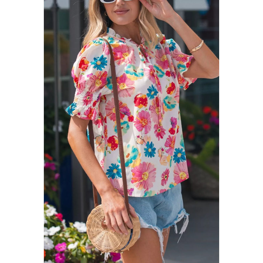 Floral Print Ruched Short Sleeve Blouse Apparel and Accessories