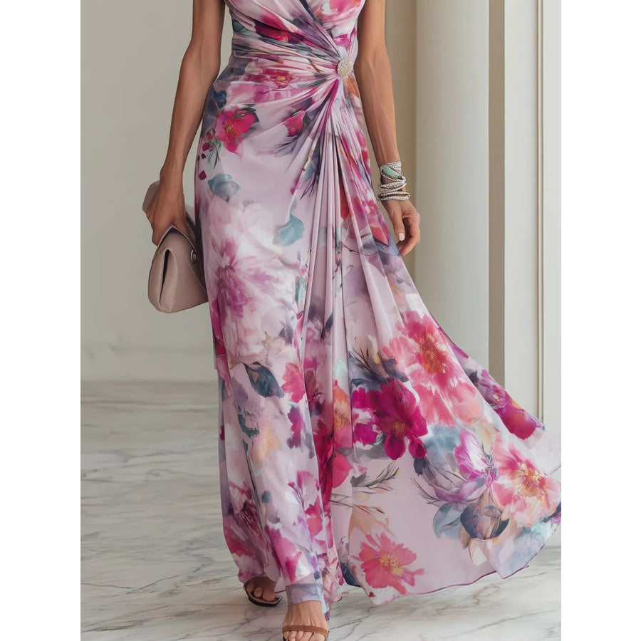 Floral Print Ruched Short Sleeve Maxi Dress Moonlit Mauve / S Apparel and Accessories