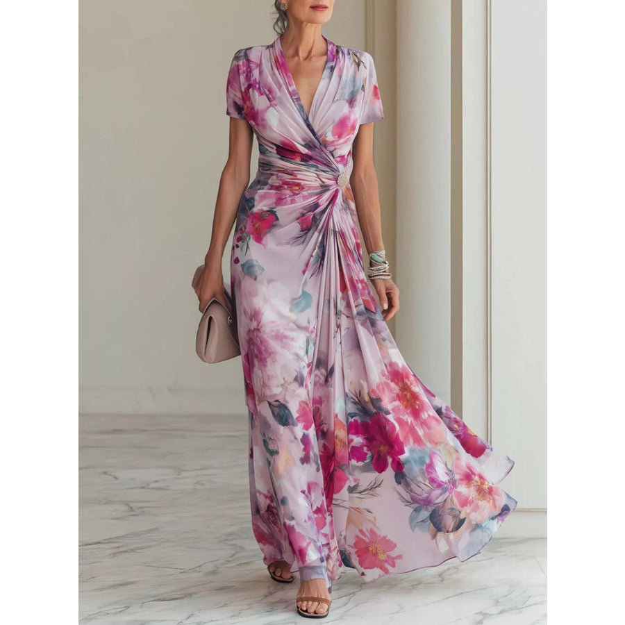 Floral Print Ruched Short Sleeve Maxi Dress Moonlit Mauve / S Apparel and Accessories