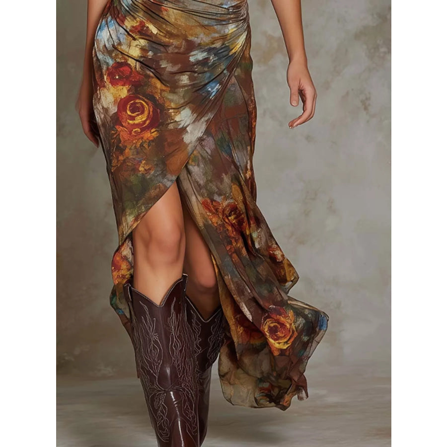 Floral Print Ruched Wrap Midi Dress Apparel and Accessories