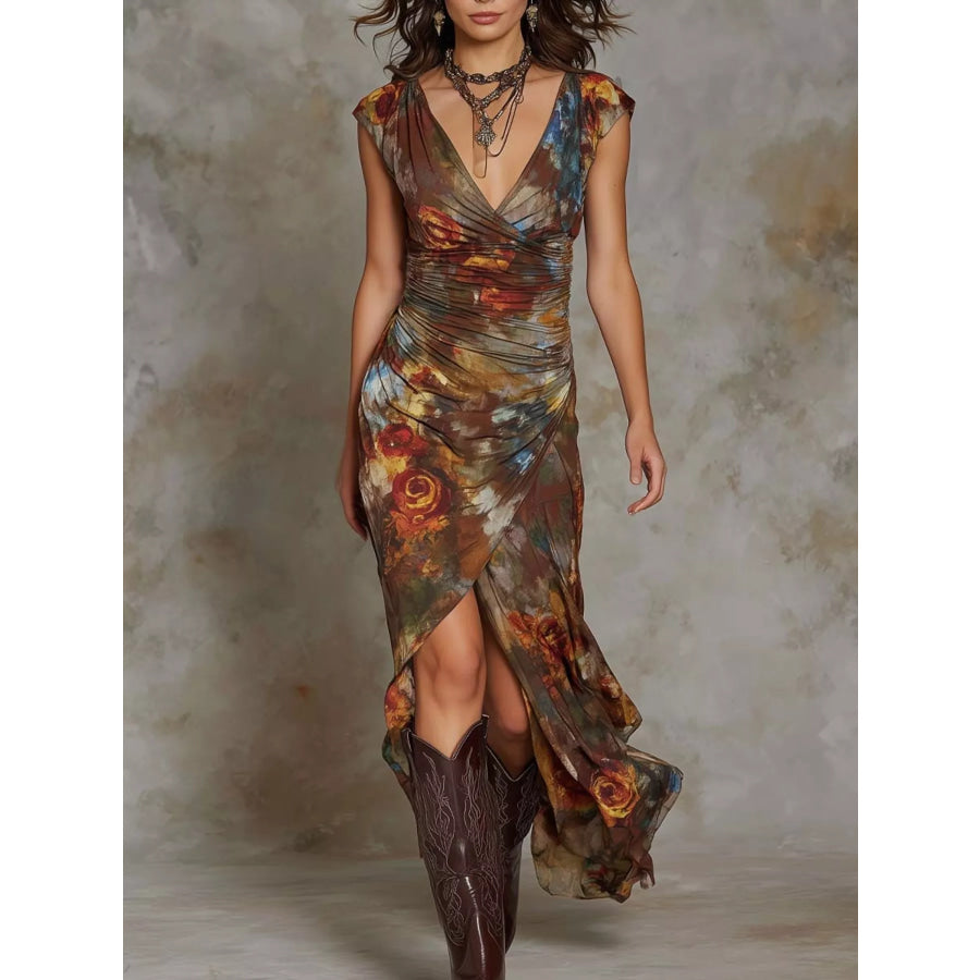 Floral Print Ruched Wrap Midi Dress Floral / S Apparel and Accessories