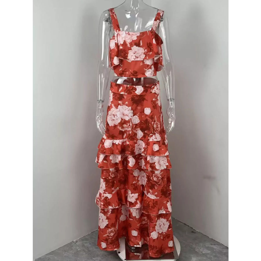 Floral Print Ruffle Cami and Skirt Two-Piece Set Apparel and Accessories
