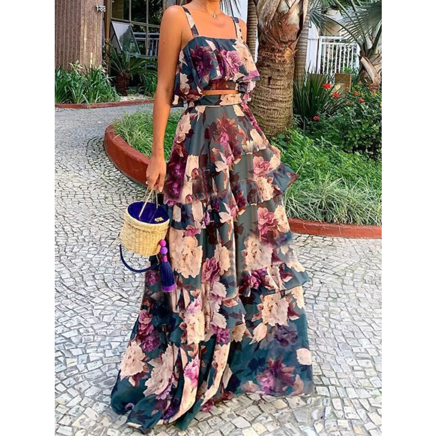 Floral Print Ruffle Cami and Skirt Two-Piece Set French Blue / S Apparel and Accessories