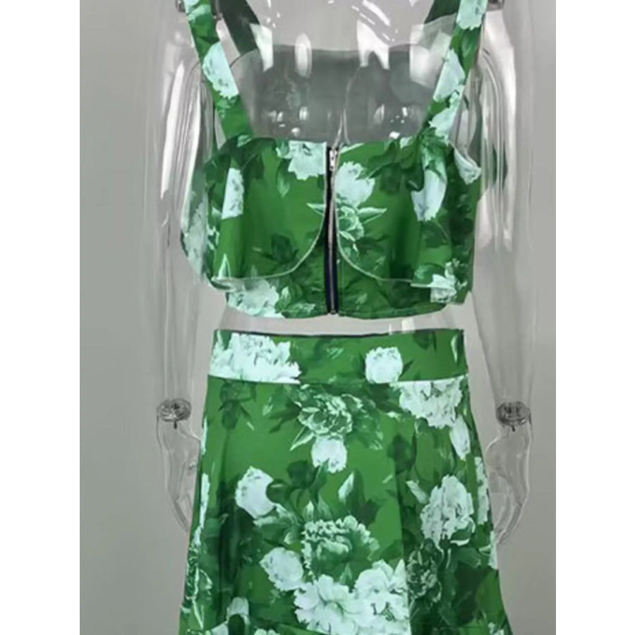 Floral Print Ruffle Cami and Skirt Two-Piece Set Green / S Apparel and Accessories