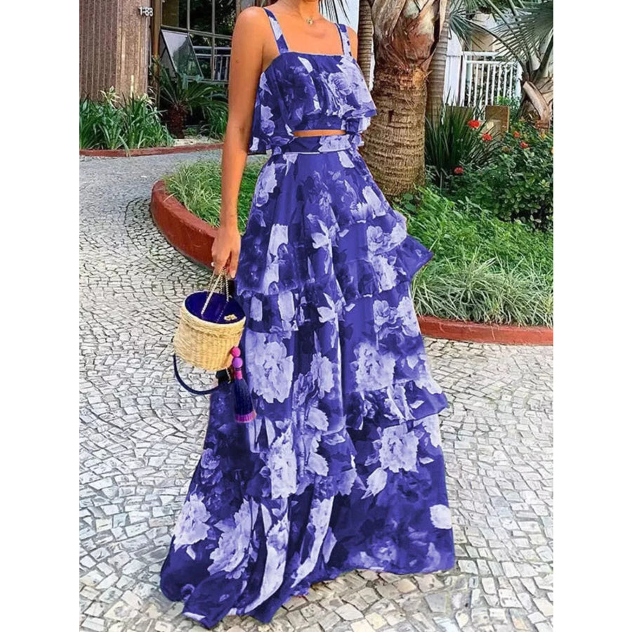 Floral Print Ruffle Cami and Skirt Two-Piece Set Light Indigo / S Apparel and Accessories