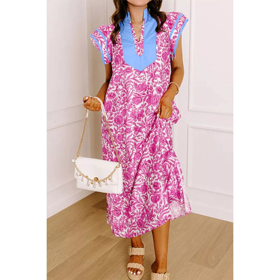 Floral Print Ruffle Cap Sleeve Dress Pink / S Apparel and Accessories