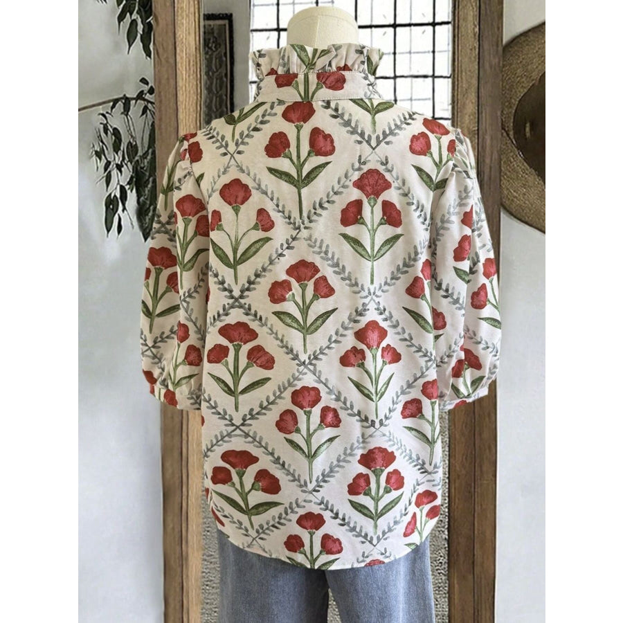 Floral Print Ruffle Collar Blouse Apparel and Accessories