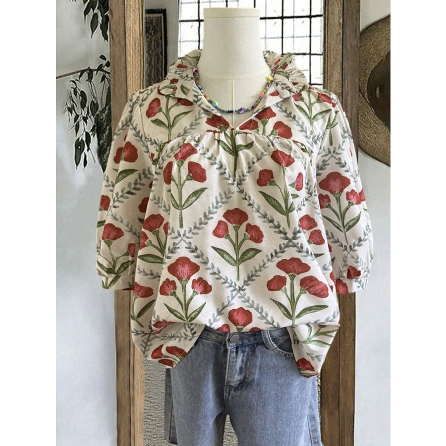Floral Print Ruffle Collar Blouse Apparel and Accessories