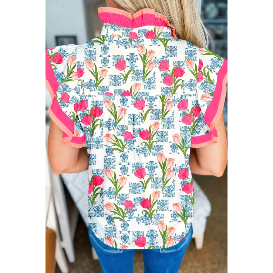 Floral Print Ruffle Collar Blouse Apparel and Accessories