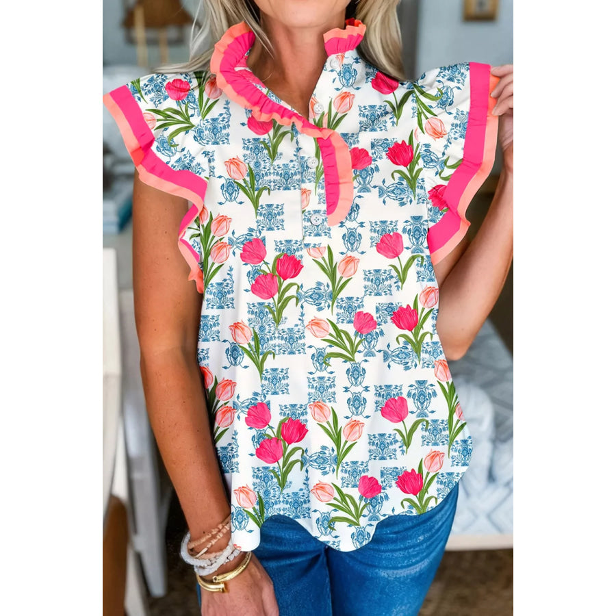 Floral Print Ruffle Collar Blouse Apparel and Accessories