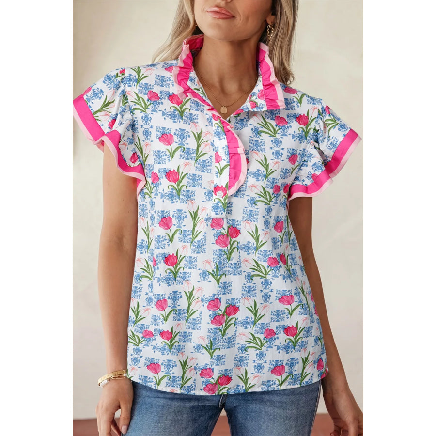 Floral Print Ruffle Collar Blouse Floral / S Apparel and Accessories