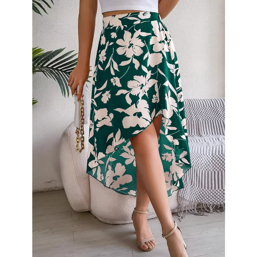 Floral Print Ruffle Hem Asymmetrical Skirt Apparel and Accessories