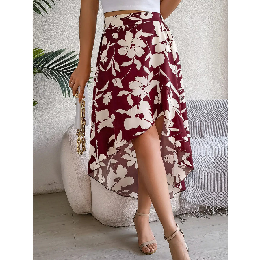 Floral Print Ruffle Hem Asymmetrical Skirt Apparel and Accessories