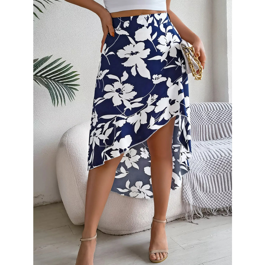 Floral Print Ruffle Hem Asymmetrical Skirt Apparel and Accessories