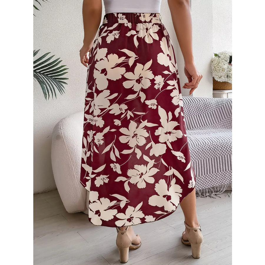 Floral Print Ruffle Hem Asymmetrical Skirt Apparel and Accessories