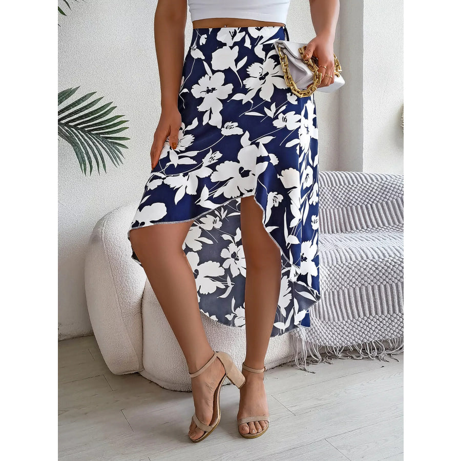 Floral Print Ruffle Hem Asymmetrical Skirt Blue / S Apparel and Accessories