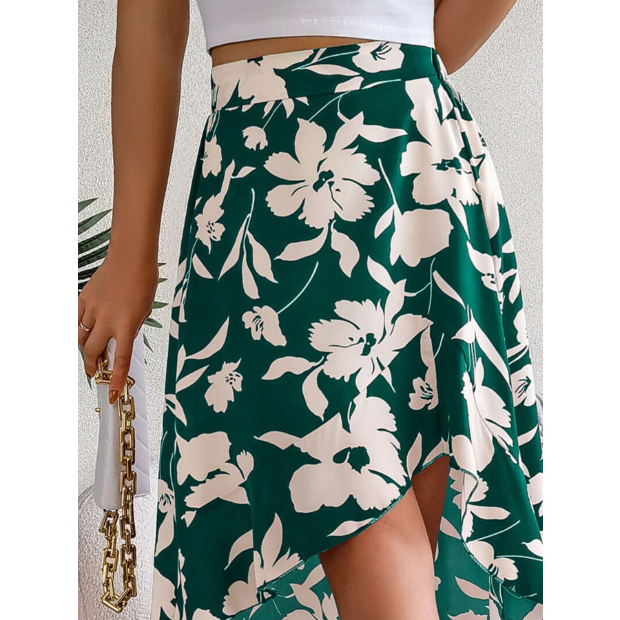 Floral Print Ruffle Hem Asymmetrical Skirt Green / S Apparel and Accessories