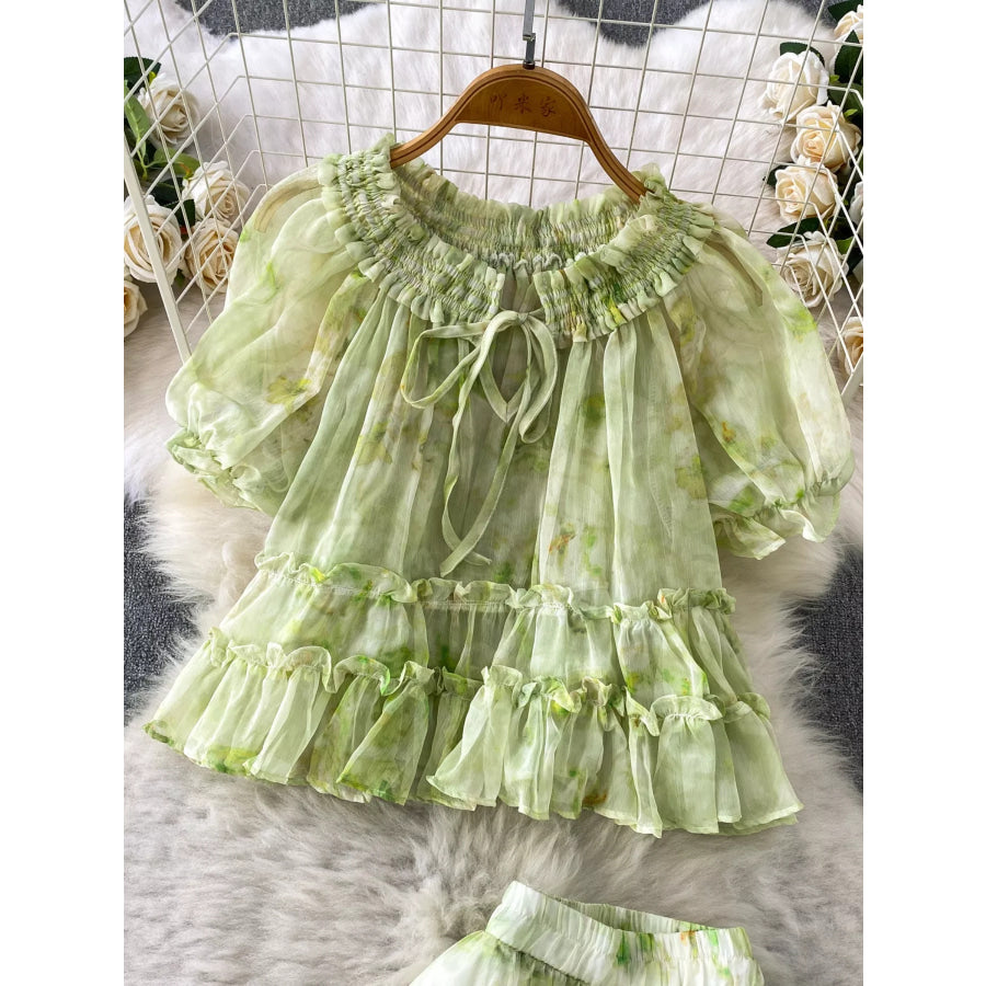 Floral Print Ruffle Hem Blouse and Skirt Set Apparel Accessories