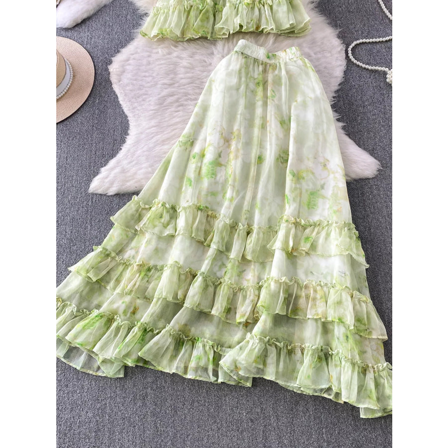 Floral Print Ruffle Hem Blouse and Skirt Set Apparel Accessories