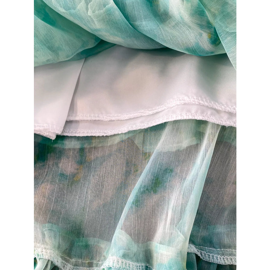 Floral Print Ruffle Hem Blouse and Skirt Set Apparel Accessories
