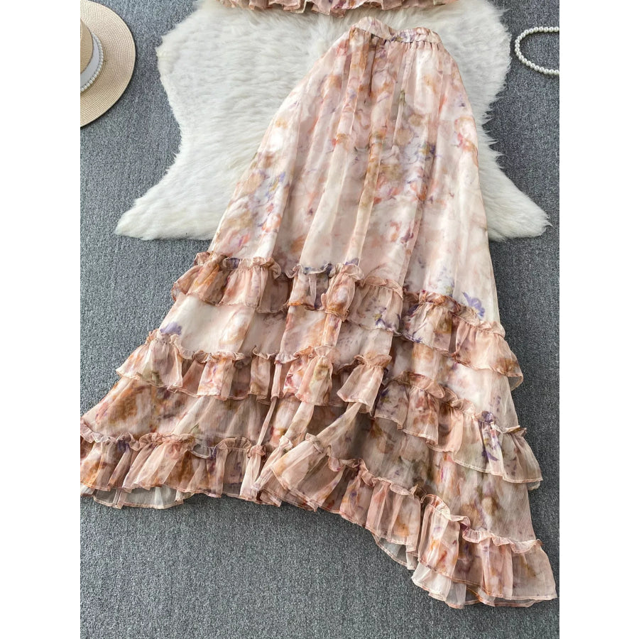 Floral Print Ruffle Hem Blouse and Skirt Set Apparel Accessories