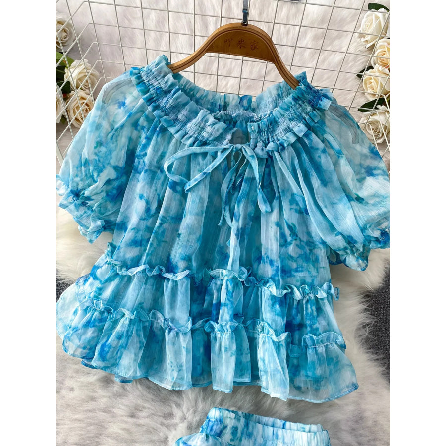 Floral Print Ruffle Hem Blouse and Skirt Set Apparel Accessories
