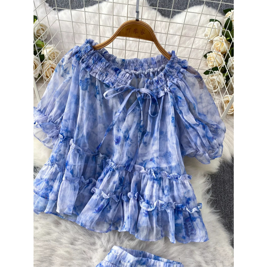 Floral Print Ruffle Hem Blouse and Skirt Set Apparel Accessories