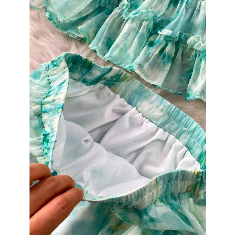 Floral Print Ruffle Hem Blouse and Skirt Set Apparel Accessories