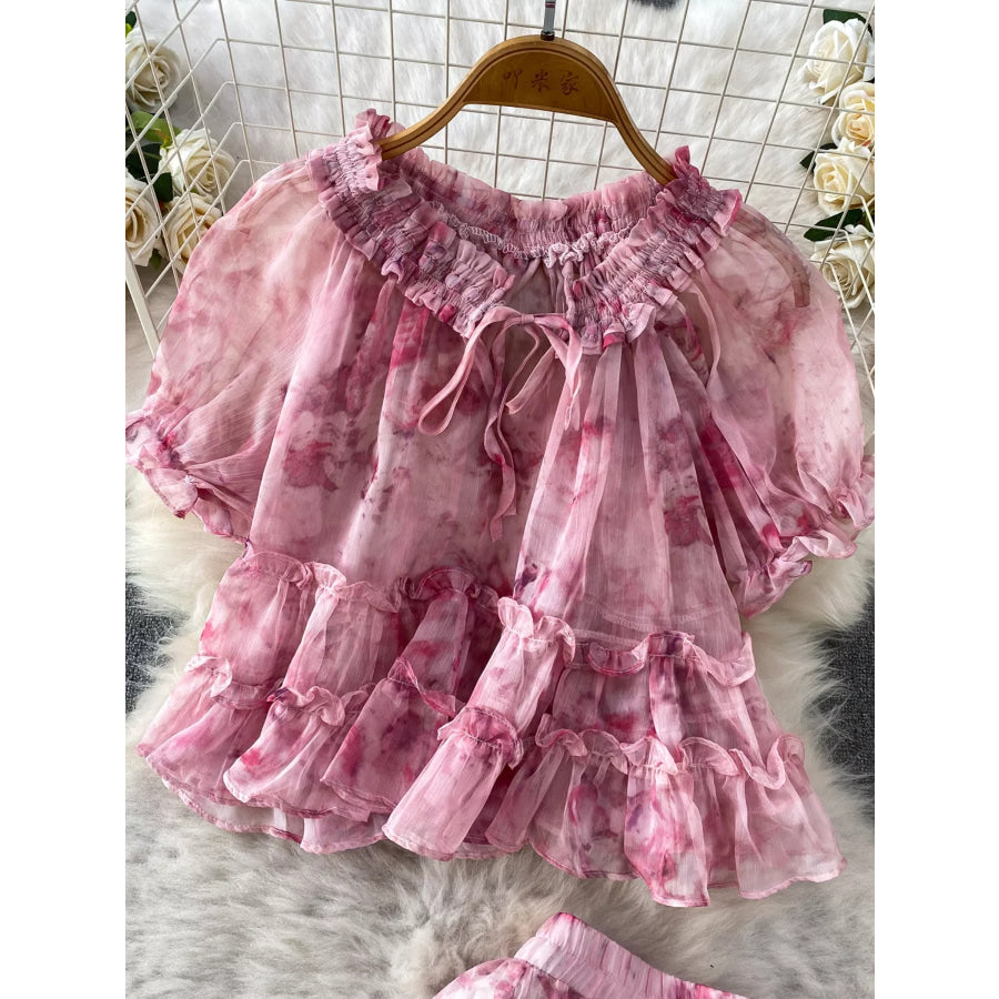 Floral Print Ruffle Hem Blouse and Skirt Set Apparel Accessories