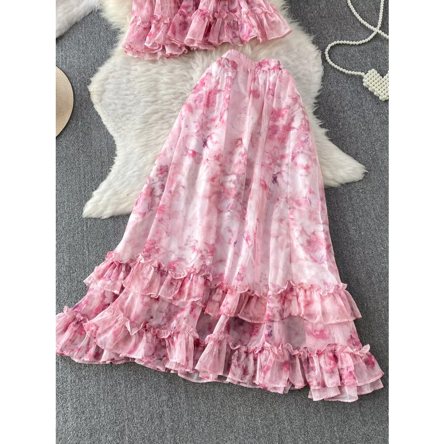 Floral Print Ruffle Hem Blouse and Skirt Set Apparel Accessories