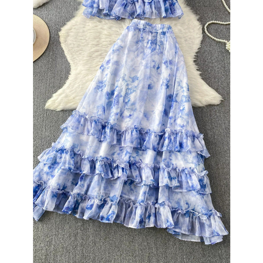 Floral Print Ruffle Hem Blouse and Skirt Set Apparel Accessories