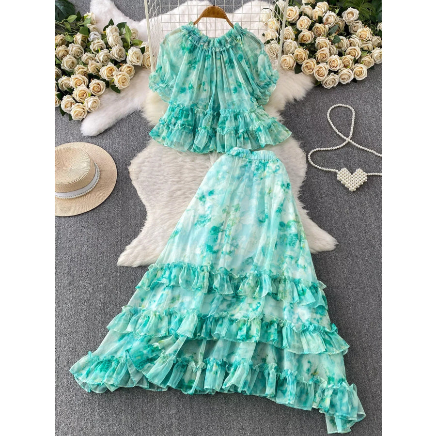 Floral Print Ruffle Hem Blouse and Skirt Set Apparel Accessories