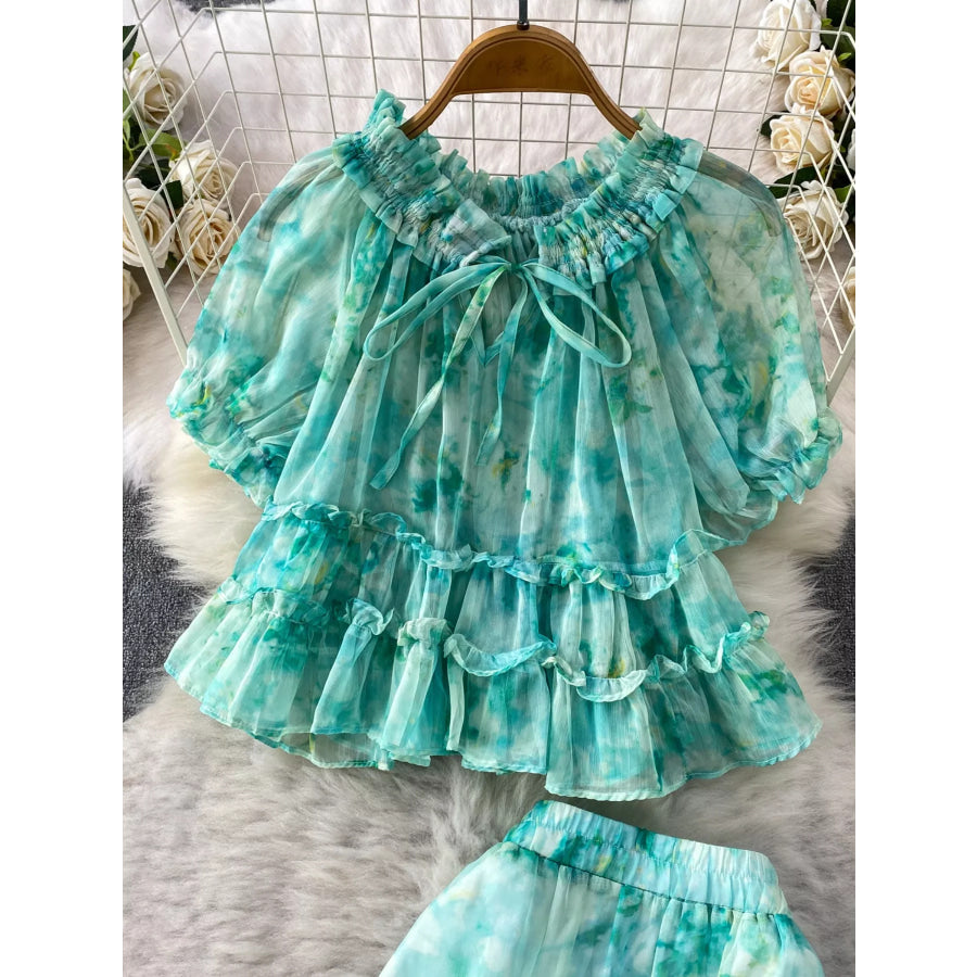 Floral Print Ruffle Hem Blouse and Skirt Set Apparel Accessories