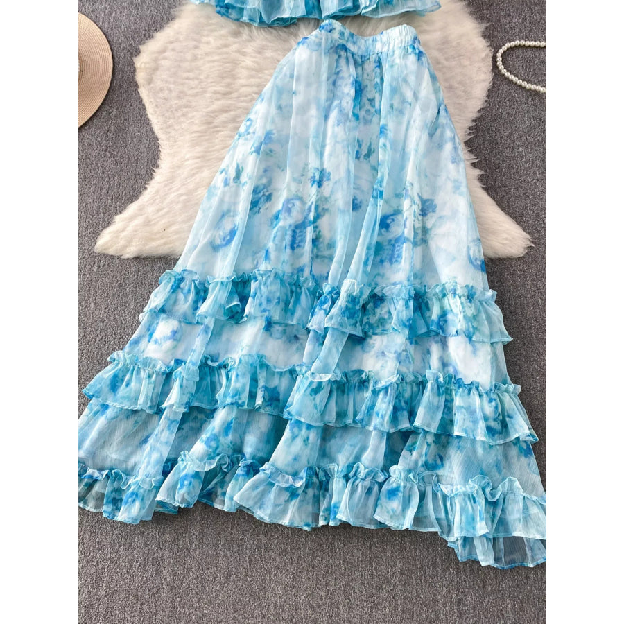 Floral Print Ruffle Hem Blouse and Skirt Set Apparel Accessories