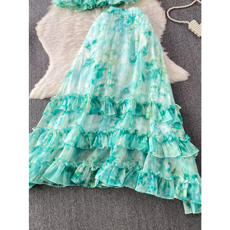 Floral Print Ruffle Hem Blouse and Skirt Set Apparel Accessories