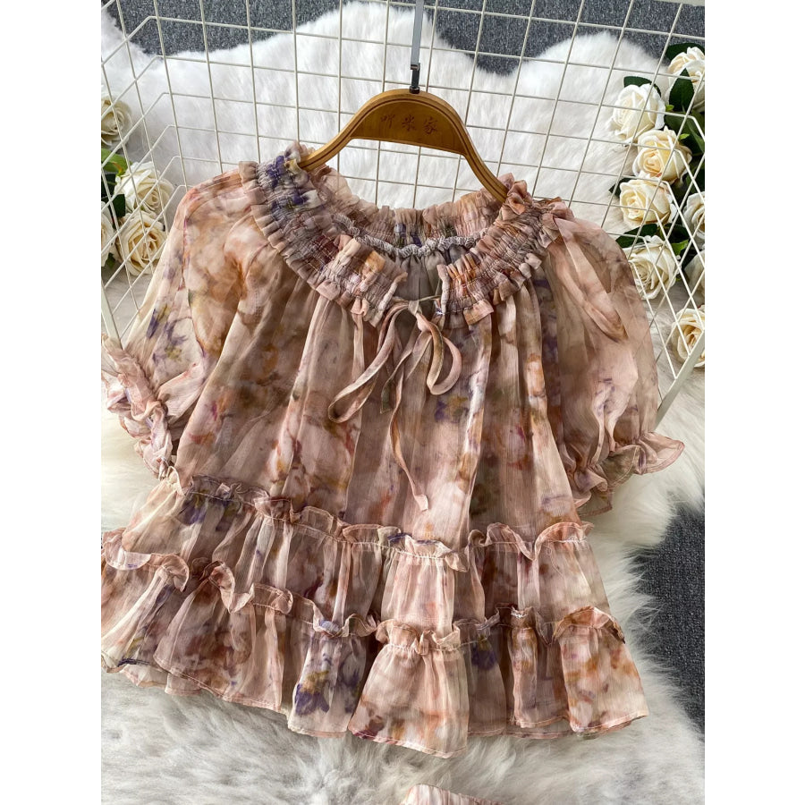 Floral Print Ruffle Hem Blouse and Skirt Set Apparel Accessories