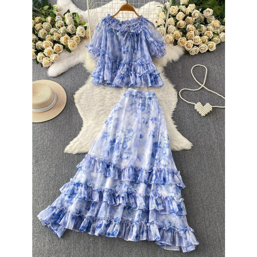 Floral Print Ruffle Hem Blouse and Skirt Set Blue / One Size Apparel Accessories