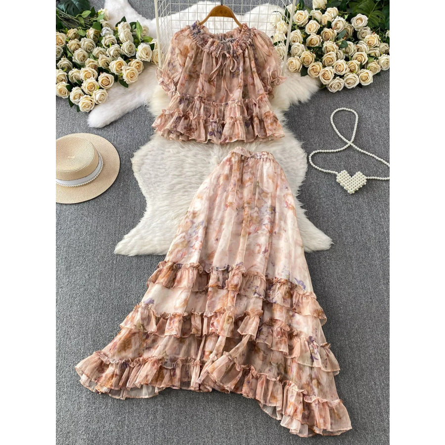 Floral Print Ruffle Hem Blouse and Skirt Set Brown / One Size Apparel Accessories