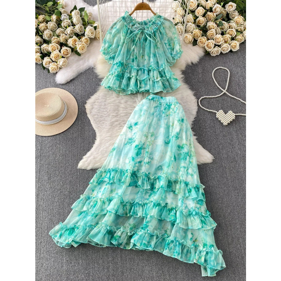 Floral Print Ruffle Hem Blouse and Skirt Set Green / One Size Apparel Accessories