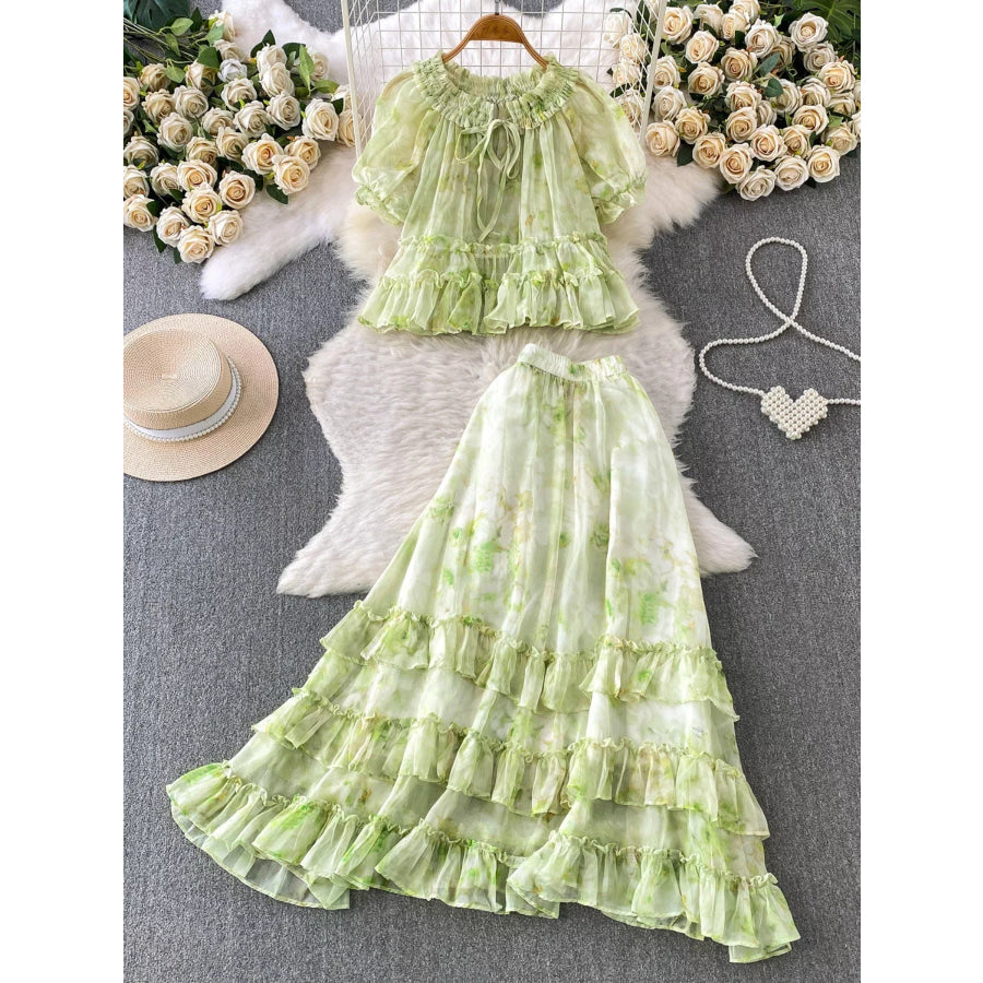 Floral Print Ruffle Hem Blouse and Skirt Set Light Green / One Size Apparel Accessories