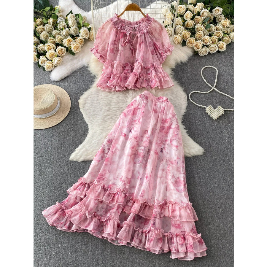 Floral Print Ruffle Hem Blouse and Skirt Set Pink / One Size Apparel Accessories
