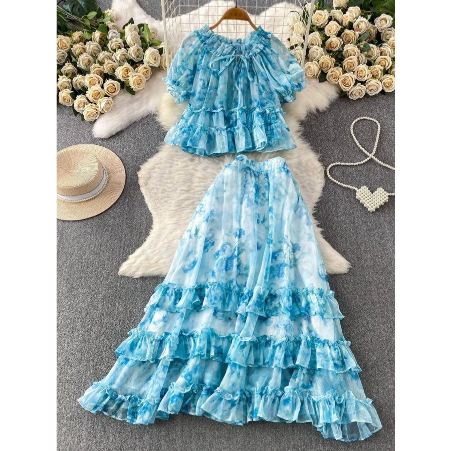 Floral Print Ruffle Hem Blouse and Skirt Set Sky Blue / One Size Apparel Accessories