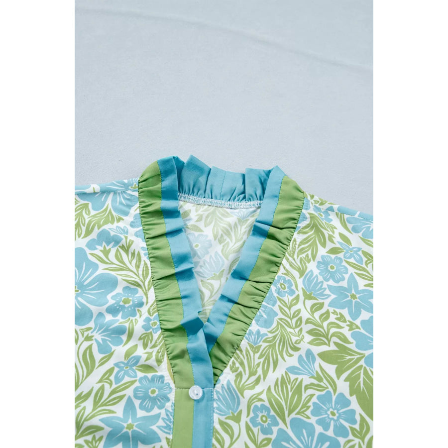 Floral Print Ruffle Hem Button-Up Mini Dress Apparel and Accessories