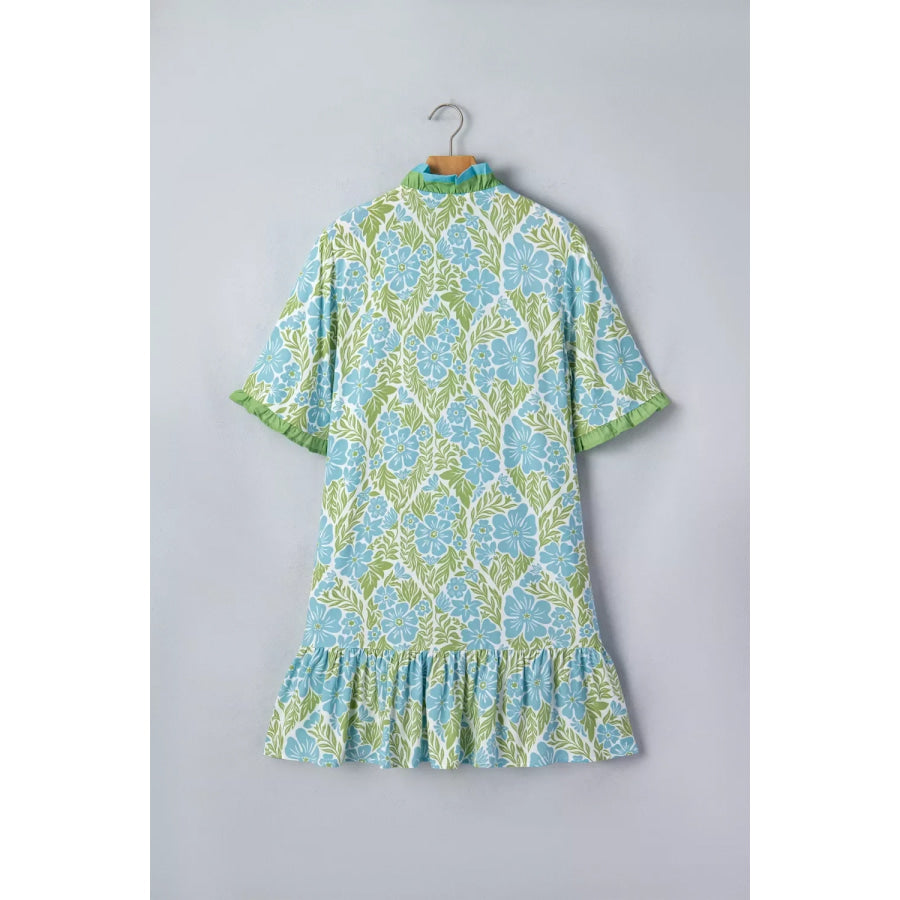 Floral Print Ruffle Hem Button-Up Mini Dress Apparel and Accessories