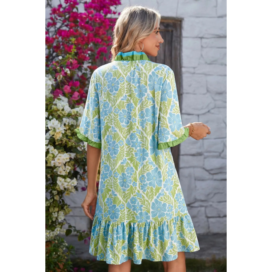 Floral Print Ruffle Hem Button-Up Mini Dress Apparel and Accessories