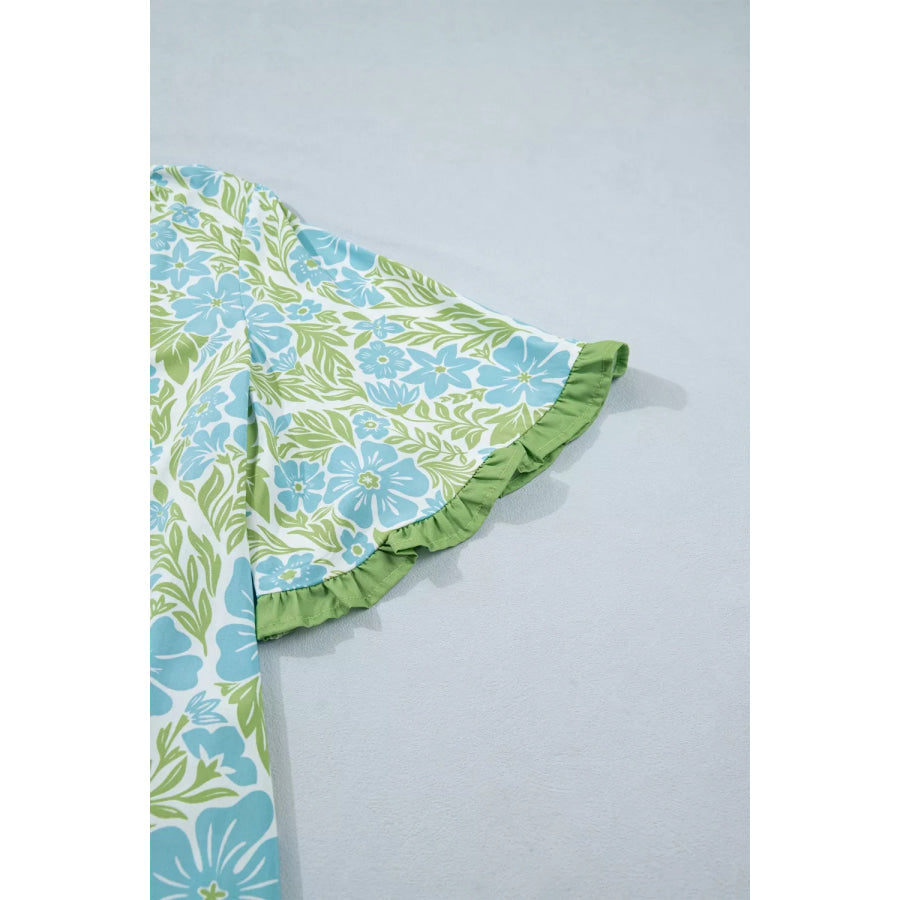 Floral Print Ruffle Hem Button-Up Mini Dress Apparel and Accessories