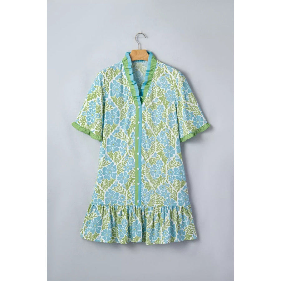 Floral Print Ruffle Hem Button-Up Mini Dress Apparel and Accessories