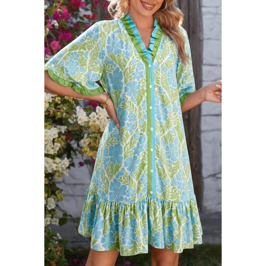 Floral Print Ruffle Hem Button-Up Mini Dress Gum Leaf / S Apparel and Accessories